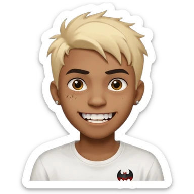 Black Male Teenager with Short punk messy blonde hair, Dark brown bushy eyebrows large expressive golden-brown eyes, wearing a plain white t-shirt, Dark Brown skin color. vampire tooth sticker