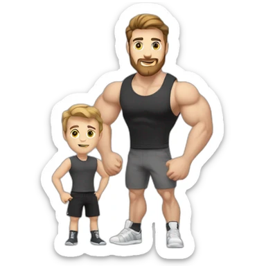 Full height Actively gesturing with hands Pale skinned fit man With the biceps and brown hair In dark gray sleeveless mike, black oversize sports shorts, watch and white sneakers sticker