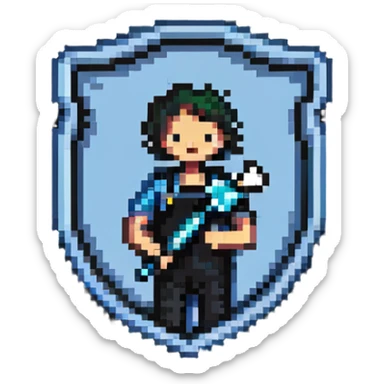Shield-shaped badge with pixel art person holding car wrench key, colorful IT support design sticker