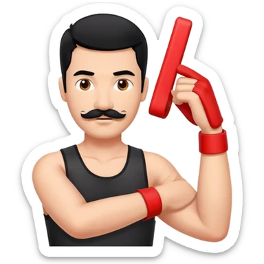 Man with black hair short, square mustache and red arm band sticker