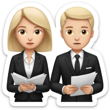 man in formal suit talking to woman in formal suit, they sit, papers in hands sticker