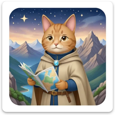 Explorer cat holding a map, mountains and stars in background, wearing light explorer clothing with flowing cloak, looking into distance sticker