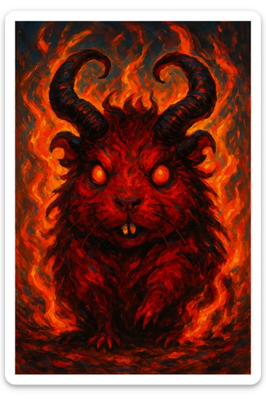 red guinea pig demon with curled horns and burning effects, vibrant expressive style sticker