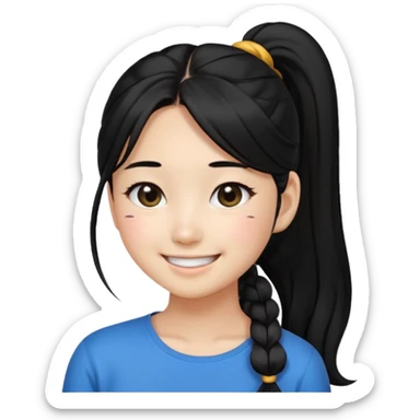 beautiful Korean girl with black hair in a ponytail, long hair, black eyes, emoji style sticker