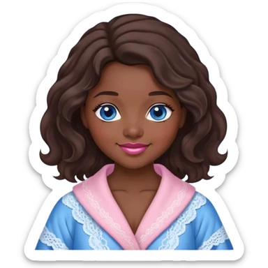 a girl with dark brown wavy hair just below her shoulders, with blue eyes, full lips, pink cheeks, plump skin, in a lace blue robe with a smile. sticker