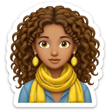 boho girl, brown skin, long curly brown hair up, lemon yellow scarf, round earrings sticker