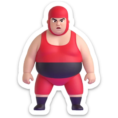 Close-up of white skin fat guy no muscle with prominent black durag, completely shaved face, no beard or mustache, black eyes in a red and black wrestling singlet with angry face sticker
