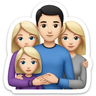 3 people. Throuple. Blank woman with blond hair and blue eye color on left. And also a blank man with black hair and grey eye color in the middle. And a blank woman with brown hair and grey eye color on the right. Holding each other  sticker