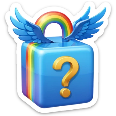 Blue cube with blue wings and has a rainbow question mark sticker