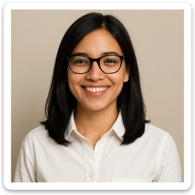 upper body of a medium length black haired girl with black glasses, light tan skin, white collared shirt, smiling, simple background sticker
