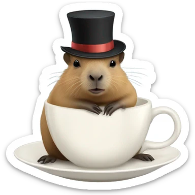 A tiny, adorable capybara wearing a miniature top hat, sitting by a tiny teacup in a whimsical forest setting, hyper-realistic, 4k, soft lighting."   sticker