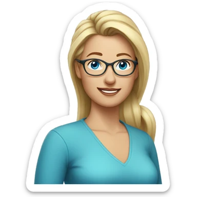 mature woman with long blonde hair in a ponytail, blue eyes, wearing glasses sticker
