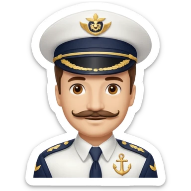 A light-skinned man with brown eyes and another mustache, smiling while wearing a white captain’s hat with a navy emblem. sticker