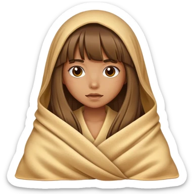 Tan Girl with long hair and bangs wrapped in blanket colored like a tortilla sticker