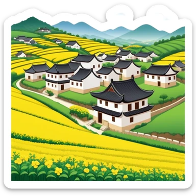 Wuyuan countryside spring flowers and traditional houses Jiangxi, simplified emoji style with bold outlines , emoji cartoon style rural village with yellow rapeseed flowers sticker