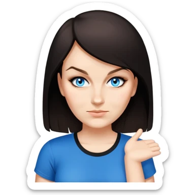 female, wearing black tshirt,  black hair under shoulder sticker