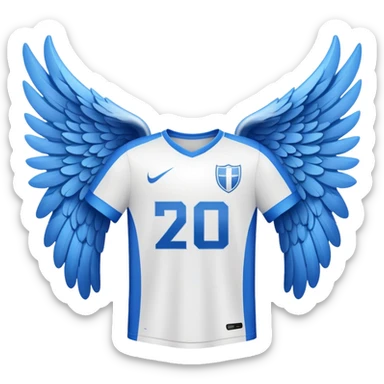 White and blue football shirt with angel wings symbol sticker