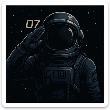 Astronauta haciendo el gesto de saludo o7, estilo espacial, fondo de estrellas, para un canal rebelde, colores oscuros, detalles espaciales sticker
