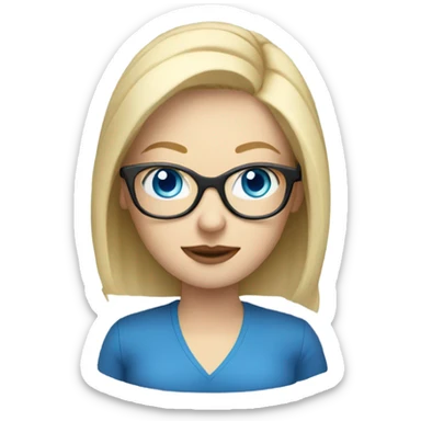 blonde pale white woman with blue eyes and glasses working on laptop sticker