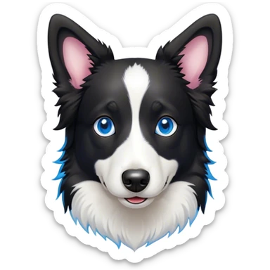 Cinematic Cute Black and White Border Collie Portrait Emoji, Head tilted playfully and inquisitively, with a sleek black and white coat and bright, sparkling blue eyes filled with curiosity, Simplified yet irresistibly adorable features, highly detailed, glowing with a warm, friendly glow, high shine, energetic and affectionate, stylized with a touch of whimsy, bright and endearing, soft glowing outline, capturing the essence of a mischievous yet loving pup, so playful it feels like it could bound out of the screen and into your arms! sticker