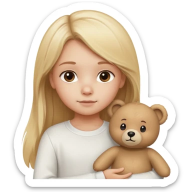 Blonde little girl, long hair, white long sleeve, with beige bear sticker