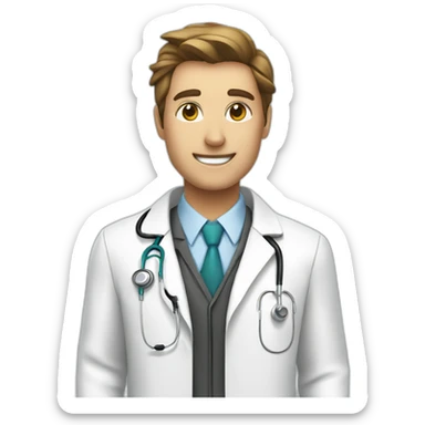 A doctor in a white coat and a syringe sticker