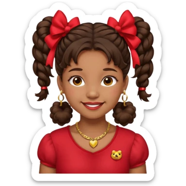 Brownskin girl dark brown hair fluffy. pigtails with red bows brown eyes smiling closed mouth red shirt gold esrrings gold necklace sticker