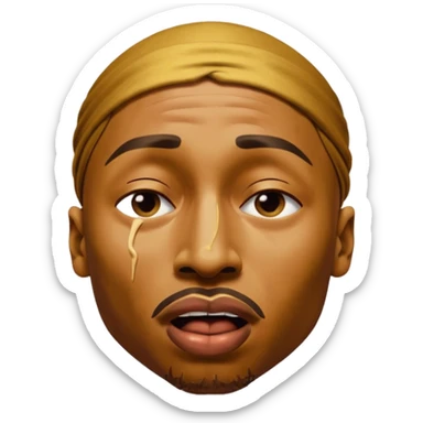 tupac but he's made of gold but he's also in an unbearable amount of pain, he has a really pained expression, his mouth is wide opened and his eyes are closed sticker