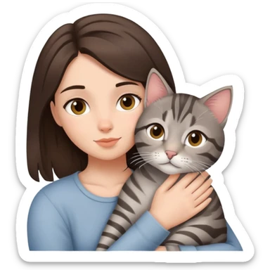 brunette girl snuggling gray tabby sticker