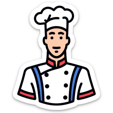 a pastry chef wearing the official uniform of Meilleurs Ouvriers de France (MOF) with a distinctive blue, white, and red collar, white chef coat, chef's hat, and medal sticker