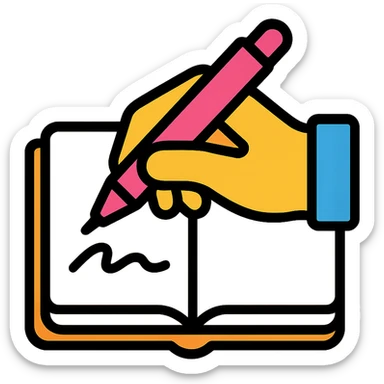 a hand holding a pink pen, writing in an open notebook, color outline icon style sticker