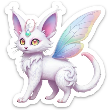 Pure-snow-White albino iridescent with pastel rainbow-gradients-color-markings with swirly patterns butterflies  faerie-Noivern-Noibat-Purloin-Torracat-Lykoi-Caracal-cat-Fakemon-fusion-hybrid-creature sticker