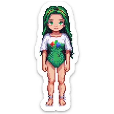 14-year-old girl resembling Snow White, hair slightly below shoulders, small green eyes, some freckles, surfer, medium height, pixel art style sticker