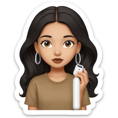 a pretty FAIR indian bratz girl with wavy long black hair, wearing an oversized brown tshirt,wearing airpods, eyeliner on sticker