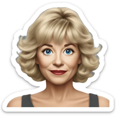 Medium length Dirty blonde poufy hair with bangs all across forehead and sides swept away from face woman of 60 with blue eyes  sticker