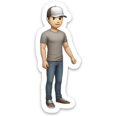 Pale skinned fit Man with dark brown hair in a light gray cap, dark brown jeans, brown polo and white T-shirt keeping a pasted with tape white box into his hands sticker