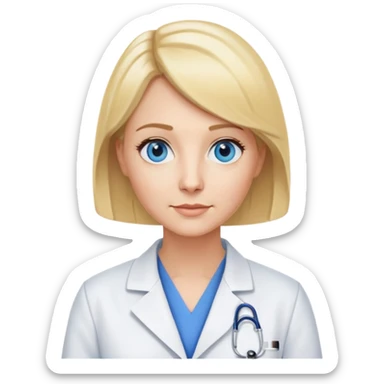 Mrs. Maria, math and artificial intelligence teacher, no glasses, thin nose, blonde eyebrows, blonde bob hair, blue eyes, wearing a lab coat sticker