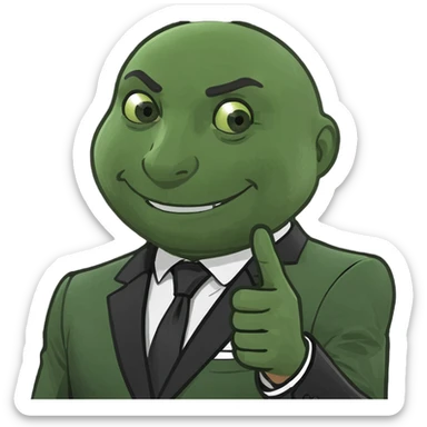 A smug-looking emoji with a wide, crooked grin and half-closed eyes, giving a cocky vibe, whilst mewing with his white hand pointing at his sharp jawline, showcasing a "sigma" look. sticker