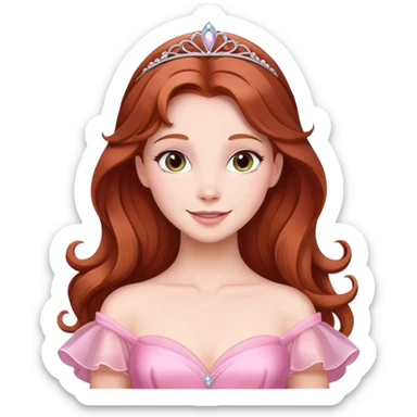 Cinematic Radiant Sleeping Beauty Portrait Emoji, rendered in a realistic, vector style with clean proportions. Show Aurora with a gentle smile, porcelain skin, and beautifully styled auburn hair, wearing her classic pink gown. The image glows with a soft, inviting radiance and high shine, accentuated by a soft glowing outline that enhances her graceful charm. sticker