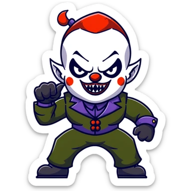 evil clown warrior, bald, short black devil-like horns on forehead, fangs, pointed ears, black and military green leisure suit with bellbottom pants, realistically proportioned, less bulky, full body visible, battle-ready fighting posture sticker