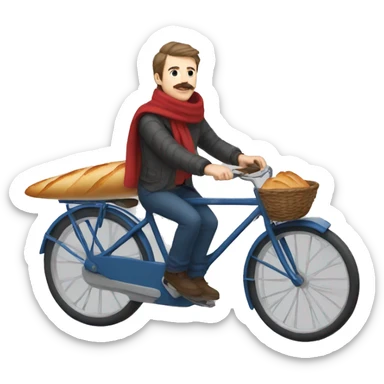 white parisian white man with a white with brown hair a moustache shirt with blue stripes, on a bike, wearing a red scarf and holding a baguette sticker