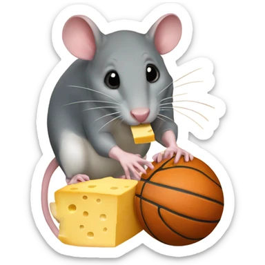 A rat eating cheese with a basketball  sticker