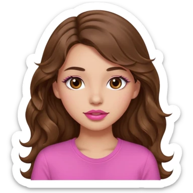 girl with long wavy brown hair, brown eyes, light to medium complexion, in a pink shirt, pink lips, long lashes,kissing sticker