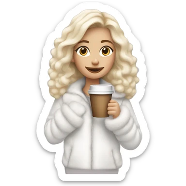 blonde girl wearing white fluffy jacket and a coffee to go in hand all dress white sticker