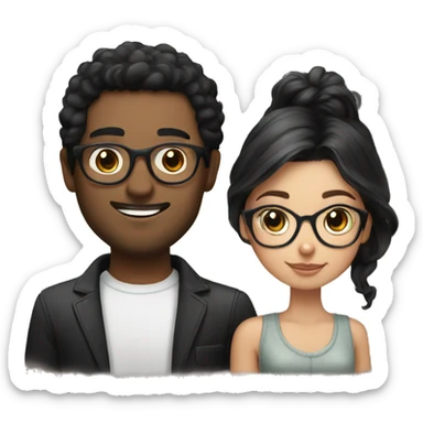 Guy with black hair and round glasses with girl with balayage with cat sticker