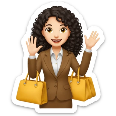 medium deep tan brown business woman with long black curly hair, waving hand with happy face with smile mouth and carrying bag on her shoulder and the other hand holding yellow tumblr sticker
