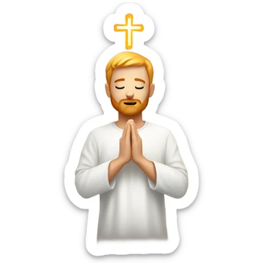 man with orange beard, short blond hair as he praying, with a holy shine behind him sticker