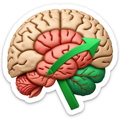 real human brain with rising green arrow graph inside sticker