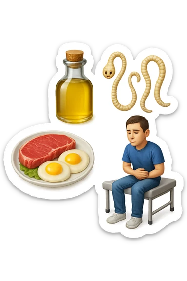 emoji stile iphone di UN PIATTO CON CARNE ROSSA E UOVA, UNA BOTTIGLIA DI OLIO DI SEMI, DUE PARASSITI TIPO LA TENIA, UOMO SEDUTO SU UN LETTINO DA FISIOTERAPISTA, IPERREALISTICO 4K sticker
