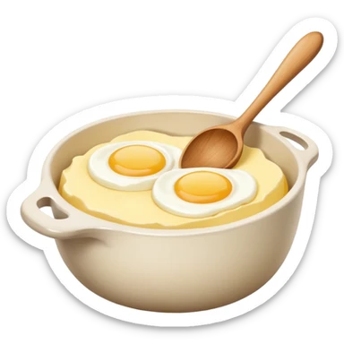 A carton of eggs, butter and a cream ceramic baking bowl with a wooden spoon in it sticker